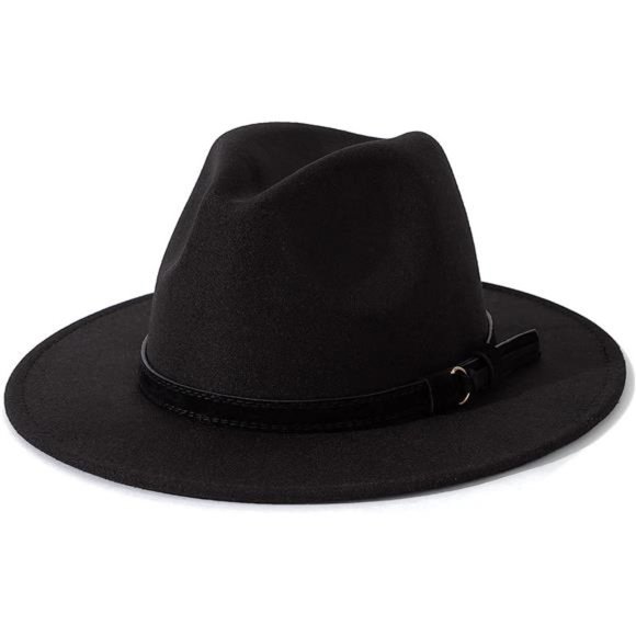 Men & Women Vintage Wide Brim Fedora Hat with Belt Buckle Z Black Belt-black